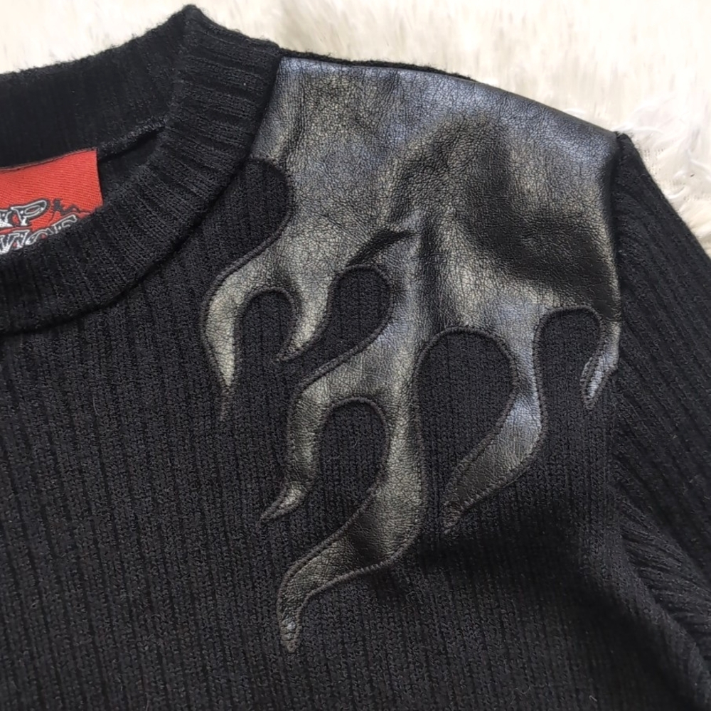 90s Lip Service Black Leather Flame Patch Knit Sweater - Picture 4 of 11